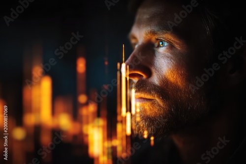 Man analyzing glowing financial charts