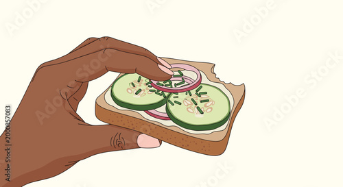 Close up illustration of a hand holding a healthy open sandwich with cucumber slices red onion and chives on a light background.