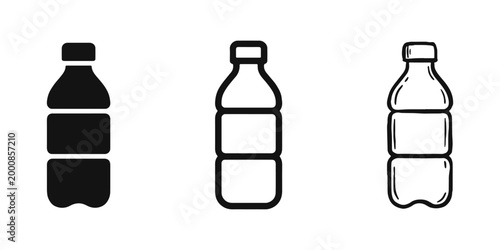 Plastic water bottle icons in solid, outline, and hand-drawn sketch styles for hydration themes
