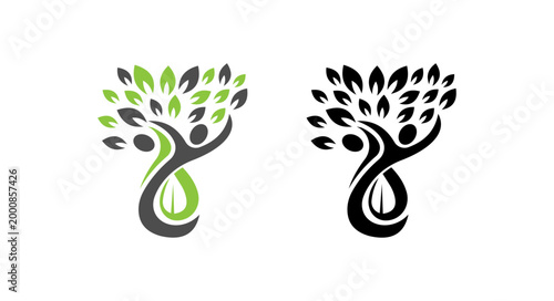 Vector illustration of tree logo with human elements in green and black