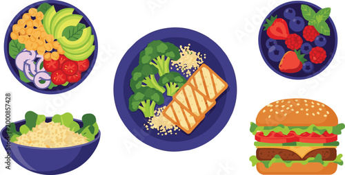 A vibrant illustration of various healthy and unhealthy food options on plates and in bowls.