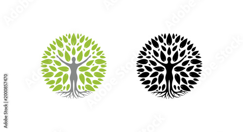 Vector illustration of tree with human figure and leaves in green and black