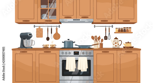 Contemporary kitchen design featuring wooden cabinetry, modern appliances like a stove and mixer, and neatly arranged culinary tools and utensils.