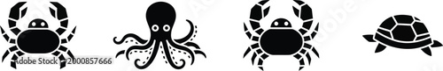 Black silhouette collection scorpion octopus crab and turtle marine and terrestrial creatures