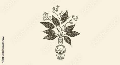Elegant minimalist illustration of a decorated ceramic vase filled with leafy branches and small flowers in a brown monochrome style.