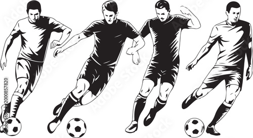 Soccer players in dynamic action poses with ball