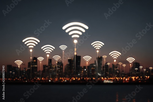 Wifi signal radiating over city skyline
