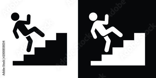Fall hazard warning icon depicting a person falling down stairs. Essential for safety signage, public building navigation, caution warnings, and workplace accident prevention graphics.