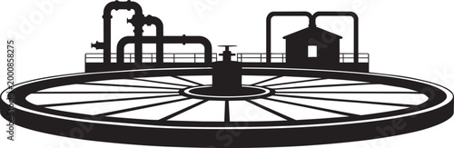 Water treatment plant silhouette vector illustration with industrial pipes and circular clarifier