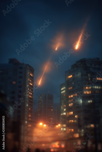 Glowing meteors falling over city buildings at night. AI-generated.