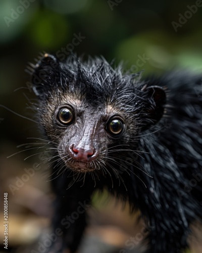 Close up of small dark animal with large reflective eyes. AI-generated.