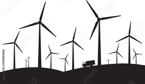 Wind turbines with a truck on a rolling hilly landscape minimalist silhouette vector illustration