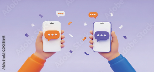 3D Mobile Chat Communication Concept with Hands Holding Smartphones Showing Message Bubbles for Online Messaging App Conversation and Social Network