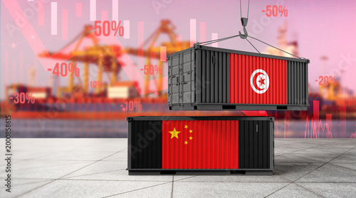 Tableau sur toile Global Trade Tension: Two shipping containers, one emblazoned with the flag of China, and the other with Tunisia's flag, stand as symbols of global trade