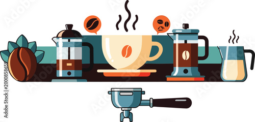 Illustration of coffee making equipment and cups on a table indoors
