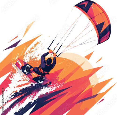 Kitesurfer riding a board with a colorful kite kitesurfing