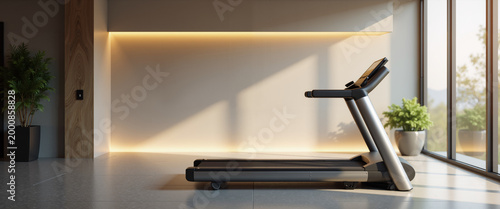 Empty hotel gym with a treadmill and natural light near windows  