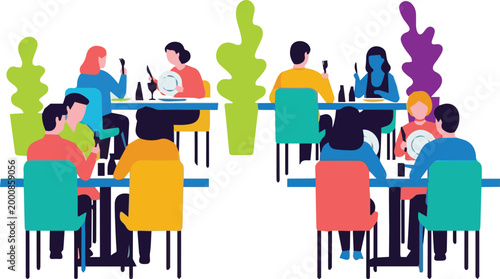 People sitting at tables eating and drinking in a restaurant setting indoors.