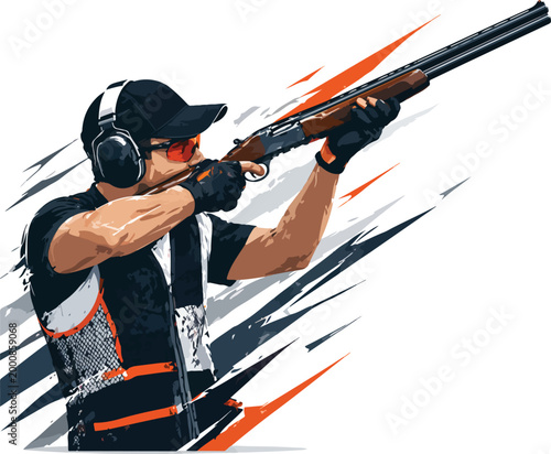 Quadro su tela Man aiming shotgun at clay pigeon shooting sport target