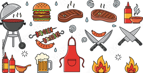 Barbecue grill vector set featuring burger steak skewers sausage beer and cooking tools for summer garden party food menu design.