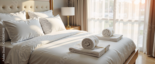 King-size hotel bed with crisp white linens and folded towels in sunlight  