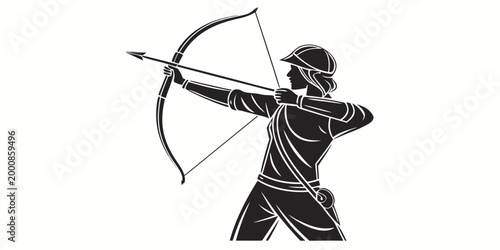 Stylized silhouette of archer holding bow and arrow in shooting stance with archer drawing silhouette illustration isolated competition outdoors activity recreation precision training