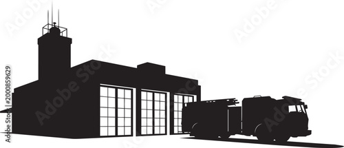 Fire station building with garage doors and a fire truck silhouette vector illustration isolated