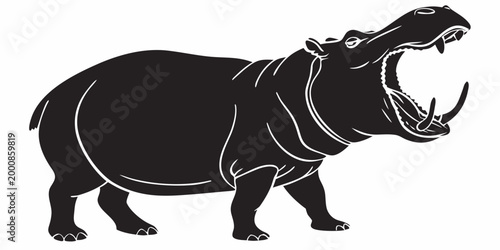 Black and white hippopotamus stencil graphic with hippopotamus silhouette wildlife isolated herbivore wilderness creature illustration character mammalian strength powerful aggressive