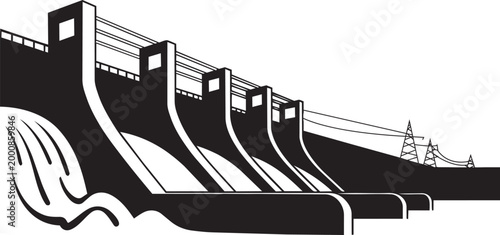 Hydroelectric dam vector illustration with flowing water and power lines for renewable energy