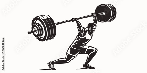 Photography Professional male weightlifting athlete executing a clean and jerk movement with
