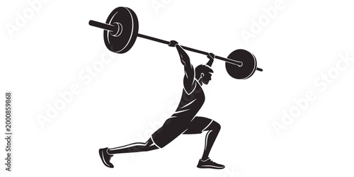 Silhouette illustration of a man performing a heavy barbell lunge lift exercise with weightlifter silhouette strength training exercise muscular bodybuilding physical intensity competition