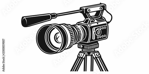 Professional camera on tripod black and white vector illustration with broadcast production equipment filmmaking professional recording television illustration isolated cameraman journalism