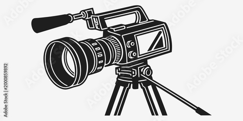 Professional broadcast camera mounted on tripod black and white graphic with broadcast production equipment filmmaking professional recording television illustration isolated cameraman