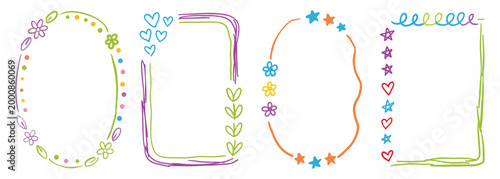 Hand drawn doodle border frame set. Colorful dotted ovals, purple rectangles with hearts, orange floral stars, loopy edge boxes. For playful kids party invitations. Vector graphic.