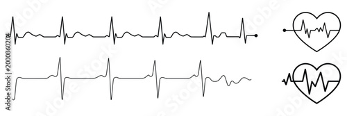 Red electrocardiogram heartbeat rhythm line illustration, pulse heart rate vector icon in flat style, medical health monitoring concept, clean modern waveform graphic, clinical diagnostic design eleme