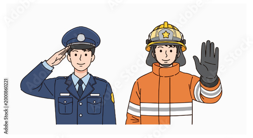 A police officer salutes next to a firefighter in orange gear who is holding up a hand in a stop gesture against a plain white background.