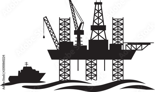 Offshore oil rig platform and supply ship vector illustration silhouette with cranes over waves