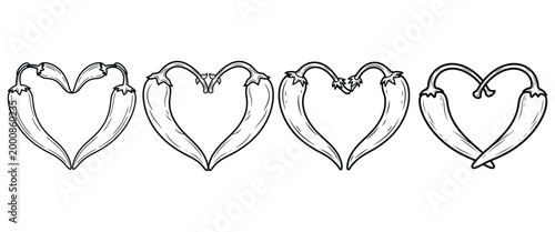 Spicy chili pepper heart shape set with stems intertwined to form romantic food symbol for restaurant and menu design.
