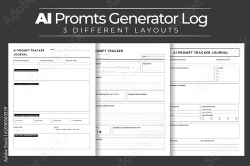 Ai prompt generator log with 3 different layouts for tracking and optimizing artificial intelligence prompts vector illustration