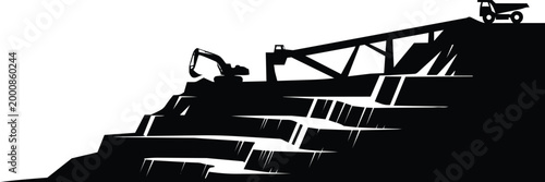 Open pit mine quarry silhouette vector illustration with excavator and dump truck on tiered soil