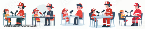 vector of firefighter and little boy doing podcast