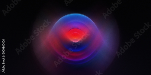 Obraz na płótnie Symmetric glowing orb with red and blue light rings on dark grainy background for futuristic science fiction cover concept
