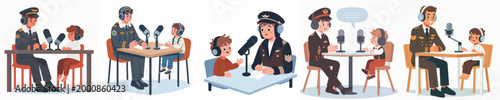 vector of pilot and little boy doing podcast