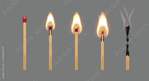 Burnt matchstick sequence vector illustration showing different stages of burning fire from unlit match to glowing flame and smoke.