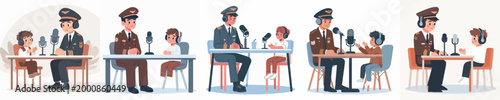 vector of pilot and little boy doing podcast