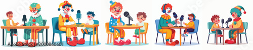 vector of clown and little boy doing podcast
