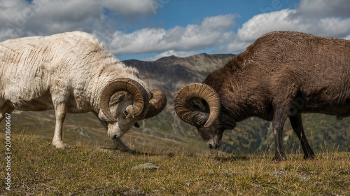 contenders. Two rams facing off on a grassy hillside before a clash. wildlife magazines, conservation campaigns, designed for wildlife conservation campaigns, used by government communicators.
