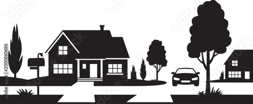 Bild auf Leinwand Residential neighborhood street with houses a car trees and mailbox black white