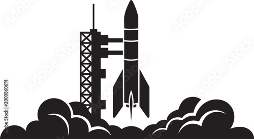 Rocket launching from pad with smoke clouds and detailed launch tower illustration with blast off