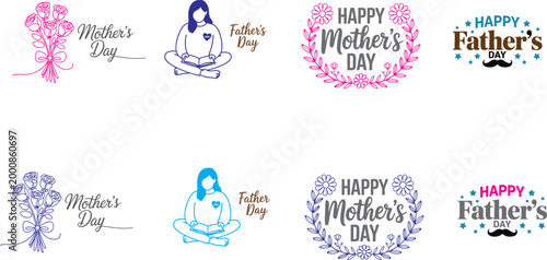 Mother’s Day and Father’s Day vector illustration set with floral wreaths, loving parents icons, greeting typography, modern colorful design collection